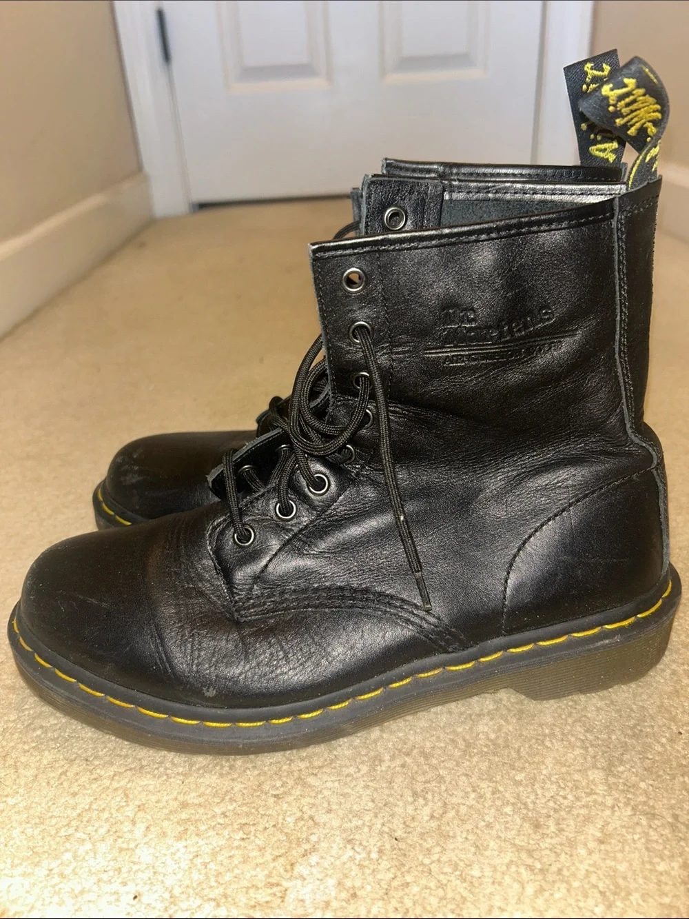 Unisex Dr. Martens 1460 Black Leather Lace-Up Boots with Yellow Stitching